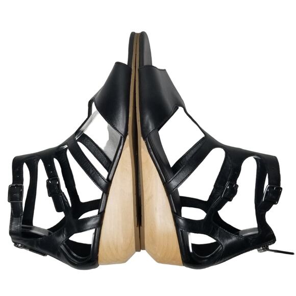 Eileen Fisher Sandals Womens Size 9.5 Gladiator Black Wedge Open Toe Leather - Picture 5 of 12